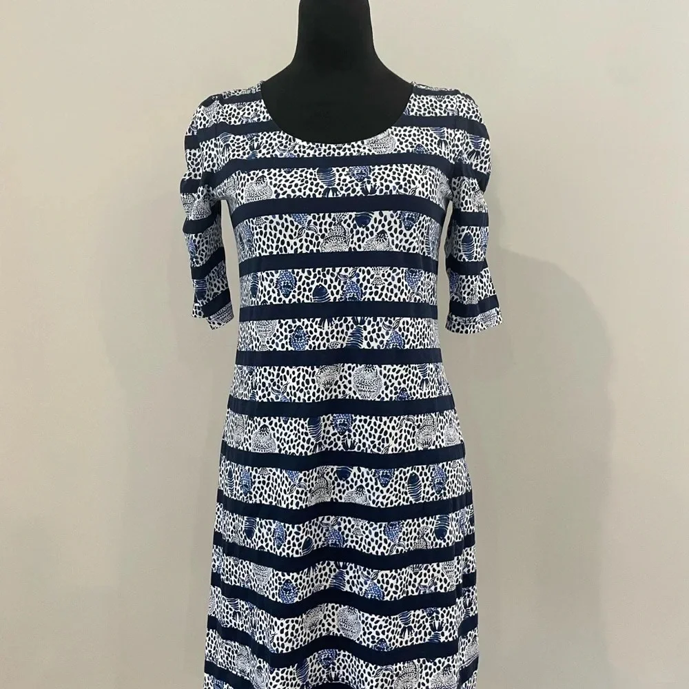 LILLY PULITZER LAJOLLA XS Navy White Fish Heart & Sole Stripe Puff Sleeve Dress - Picture 2 of 8